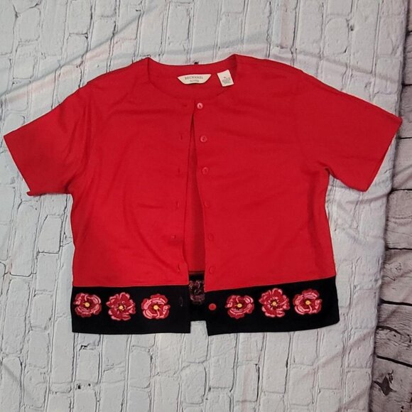 Bechamel Jackets & Blazers - Vintage Red Cardigan with Black Floral Trim Shoulder Pads Women's Petite Large
